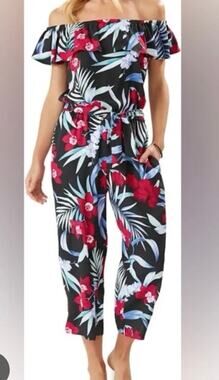 Tommy Bahama Midnight Orchid Off Shoulder Wide Leg Jumpsuit Size L